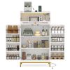 White + Gold Kitchen Pantry Cabinet, Built-in Charging Station (AC/USB/Type-C) & Customizable LED Lights
