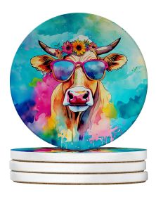 Hippie Animal Malvi Cow Large Sandstone Coasters Pack of 4 Absorbent Round Coasters Decor Gifts for Men or Women, 4 in, Multicolor