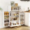 White + Gold Kitchen Pantry Cabinet, Built-in Charging Station (AC/USB/Type-C) & Customizable LED Lights