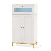 White + Gold Kitchen Pantry Cabinet, Built-in Charging Station (AC/USB/Type-C) & Customizable LED Lights