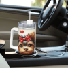 1pc Cute Bow Yorkshire Terrier Tumbler, Floral Printed Stainless Steel Car Cup, Adorable Pet Water Bottle for Dog Lovers, Portable Girly Travel M